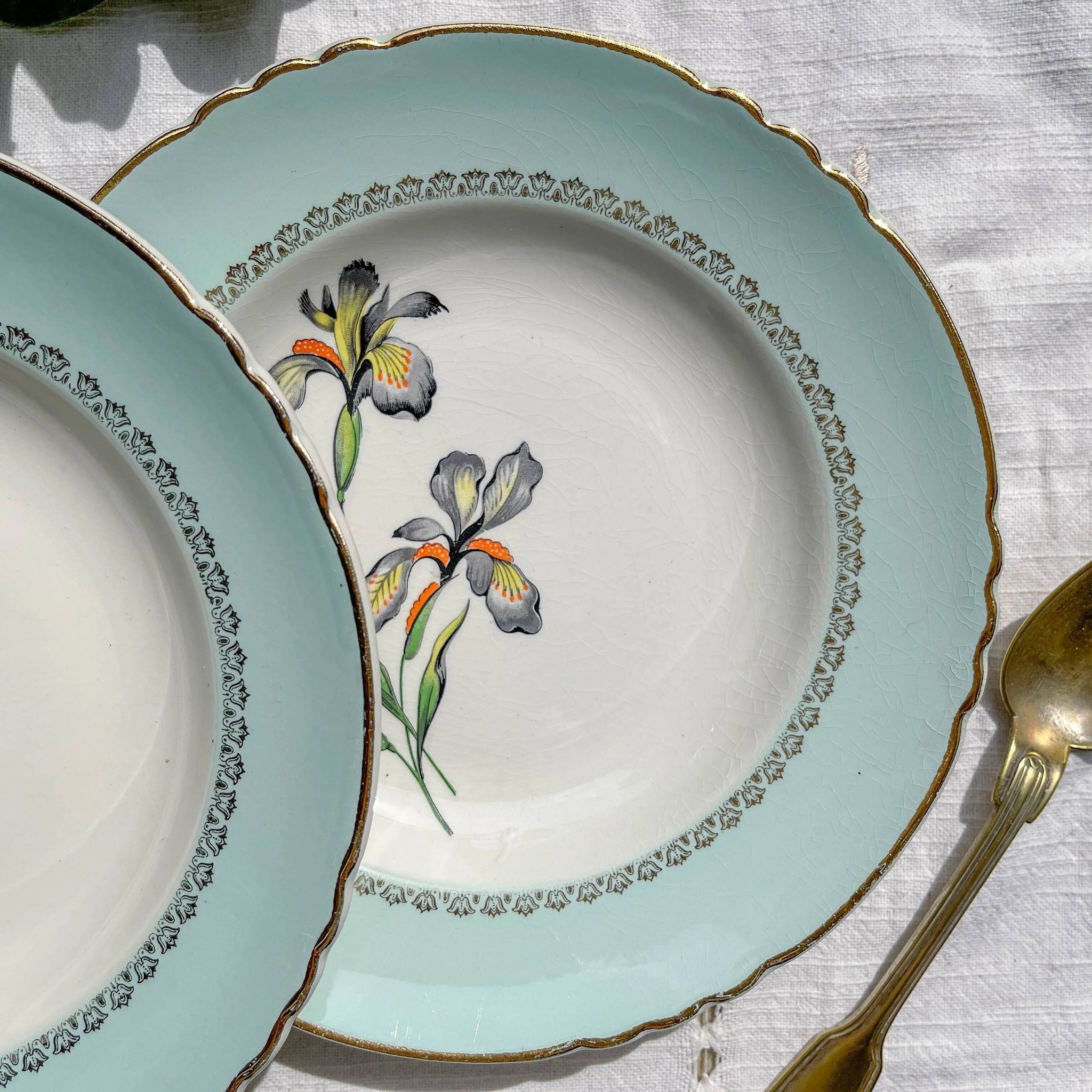 6 vintage white and green porcelain soup plates Iris Moulin des Loups "Sargosse" 1950s