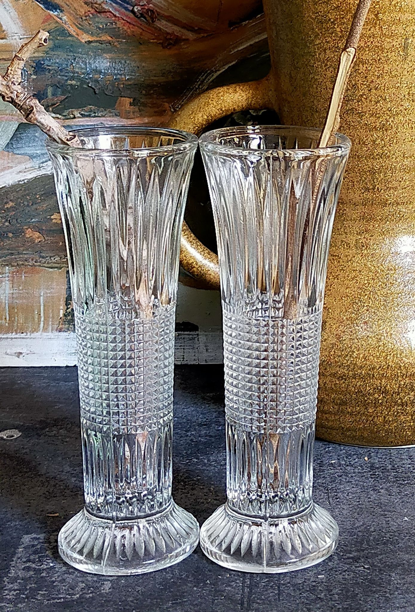 Duo of glass soliflores with vintage pimples 50s
