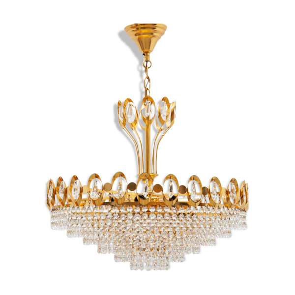Lustre en laiton et cristal doré Palwa, Allemagne, années 1970 — Beyit