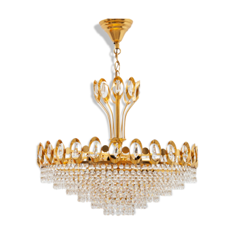 Lustre en laiton et cristal doré Palwa, Allemagne, années 1970