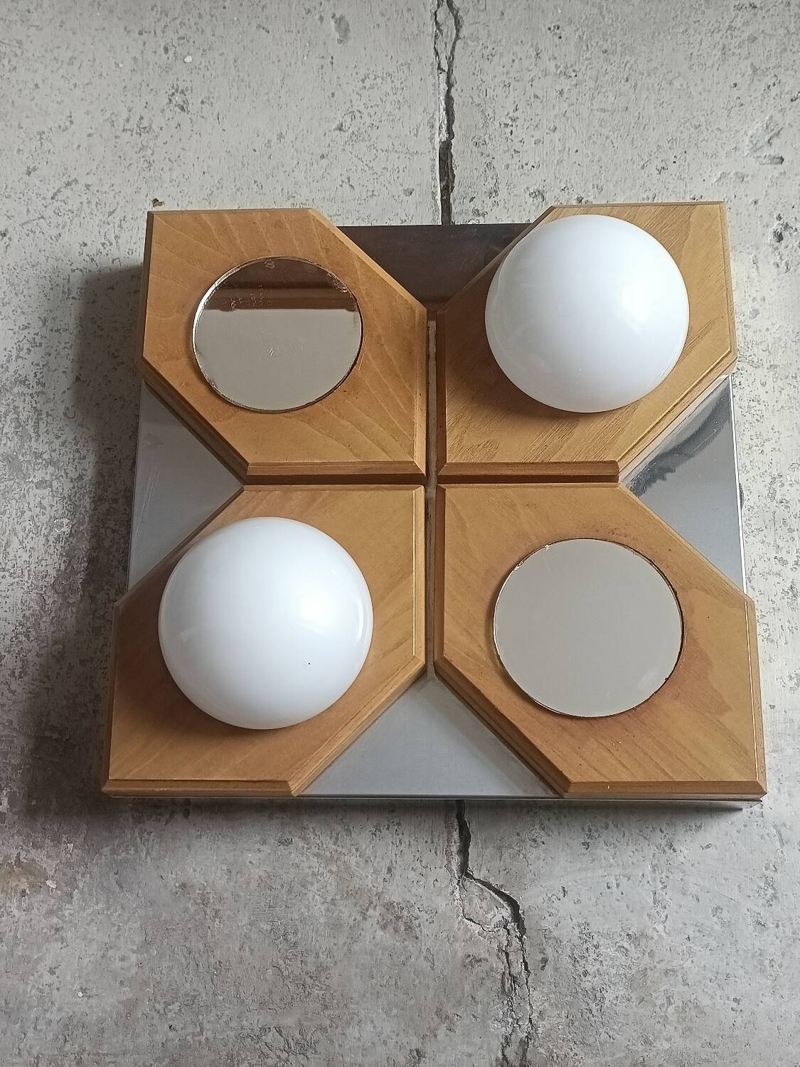 Geometric chrome and wood wall light