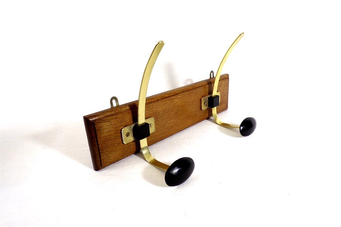Vintage hook coat rack in gilded metal and vintage wood France