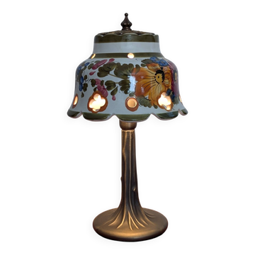Lampe vintage en laiton et céramique. Arbre de vie fleuri