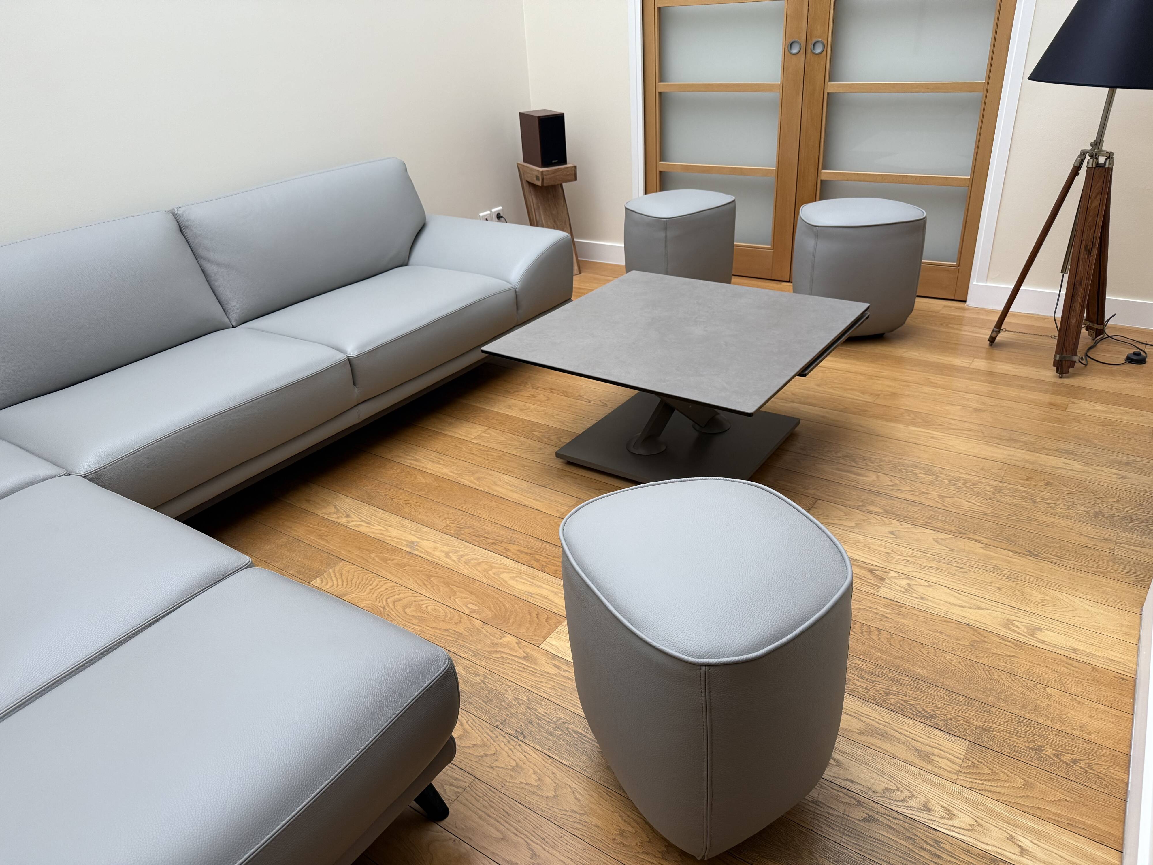 Roche bobois evidence corner sofa medium grey and 3 poufs