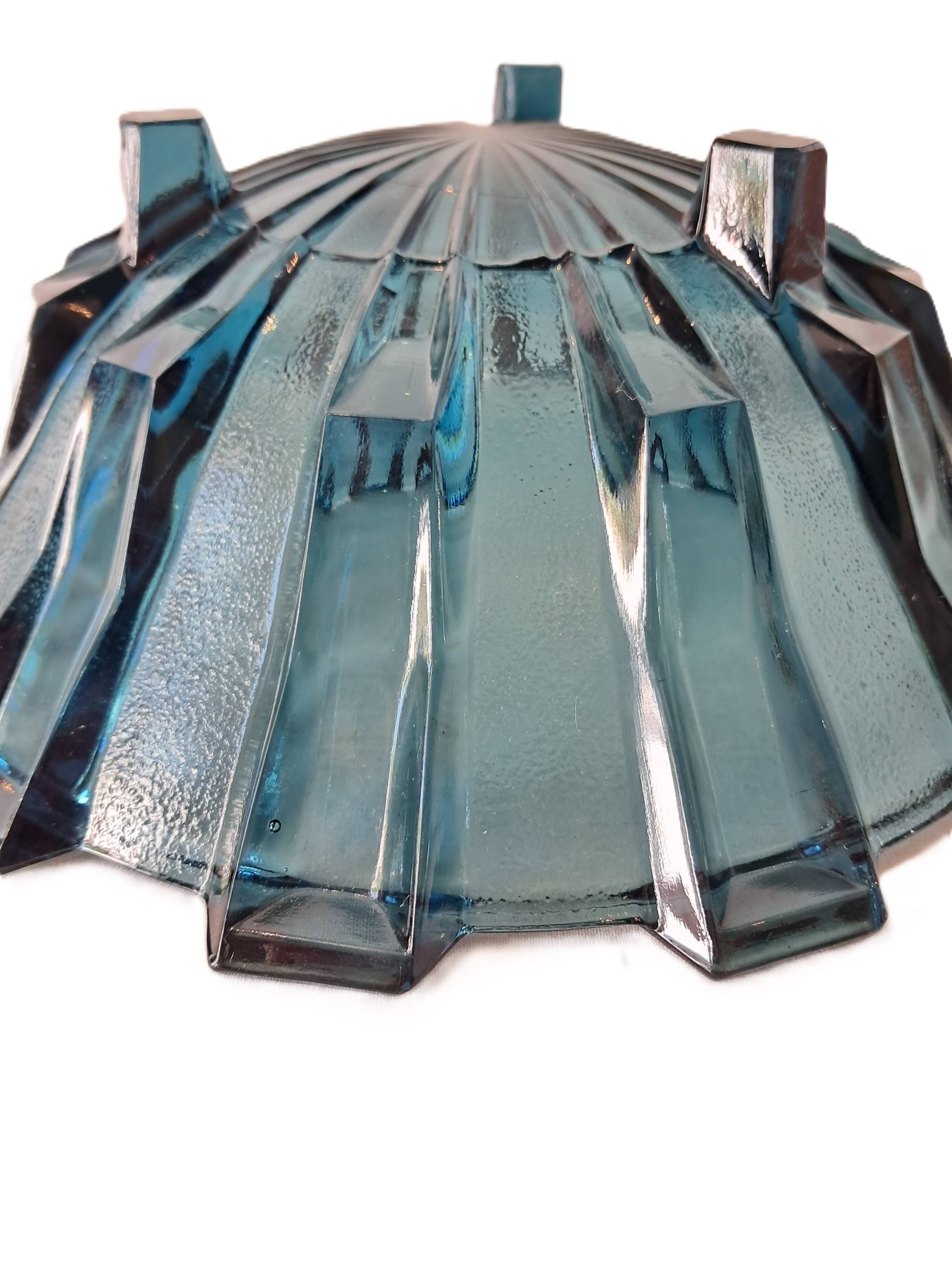 Art Deco Style Geometric Blue Glass Bowl (By Scailmont)