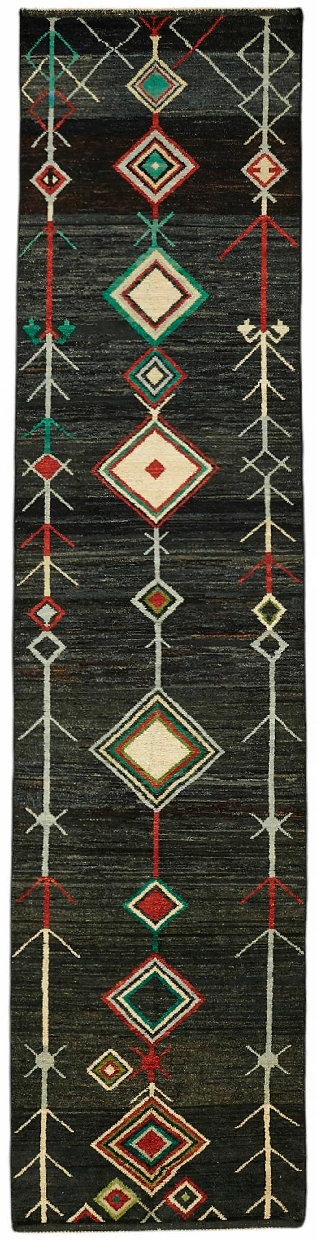 Handmade Turkish One of a Kind 92 cm x 419 cm Black Wool Runner Carpet