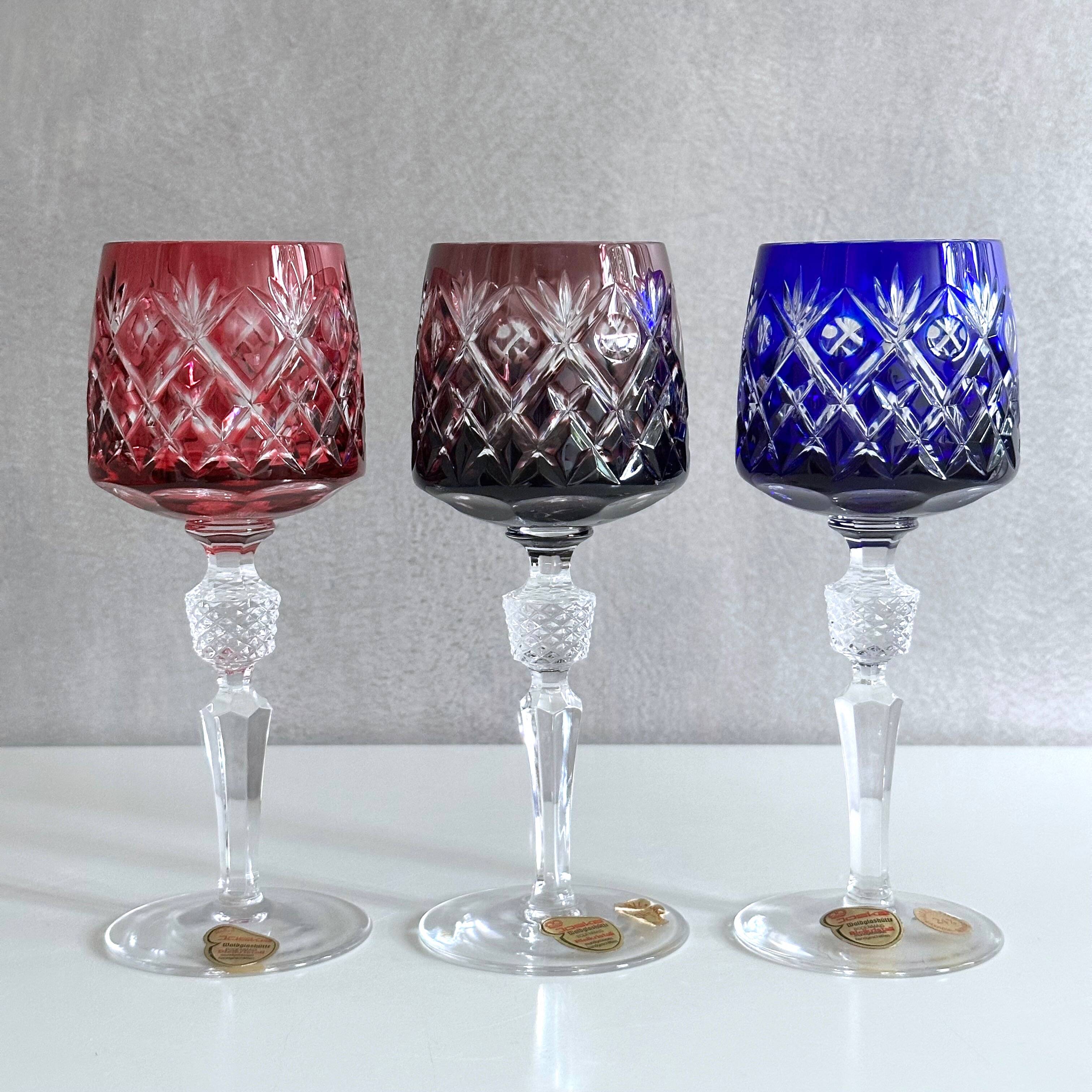 Set of 3 JOSKA lead crystal glasses, coloured wine glasses