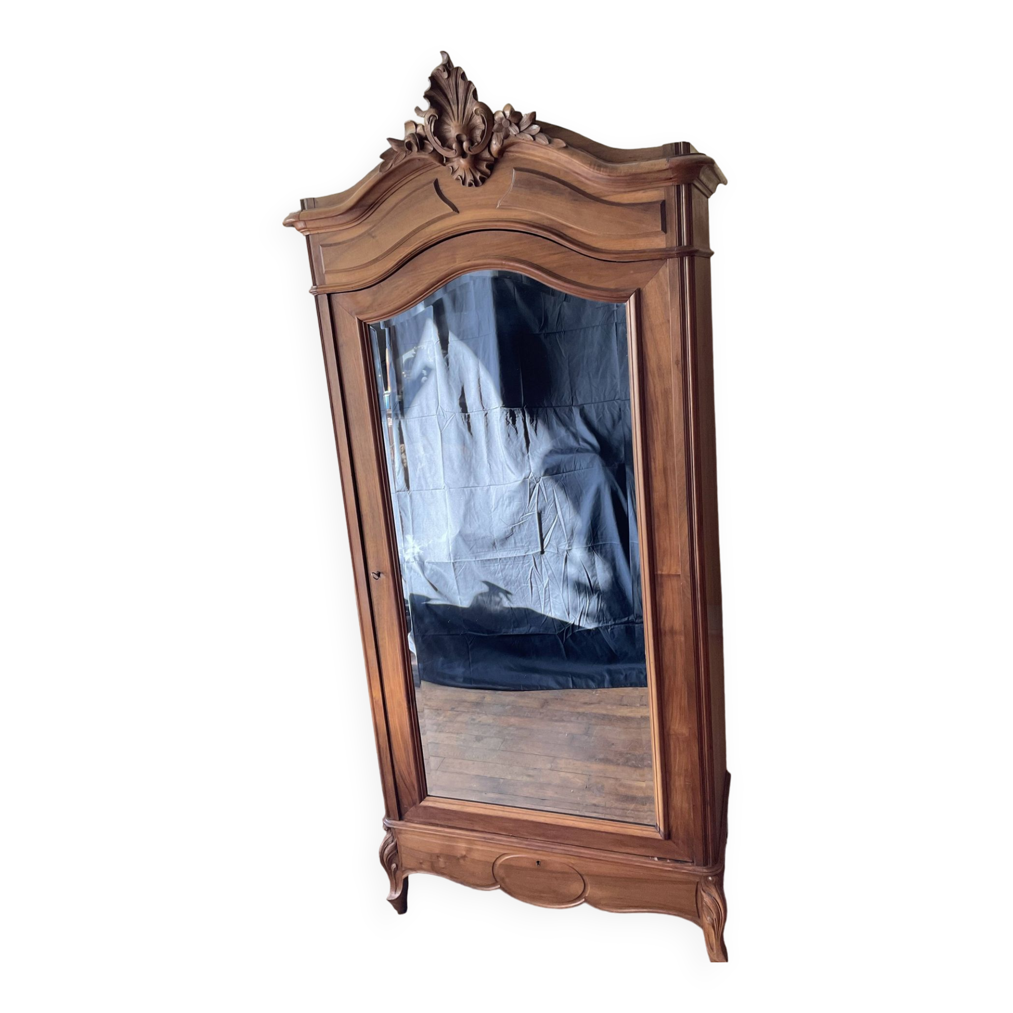 Antique Louis XV style mirrored wardrobe in solid walnut