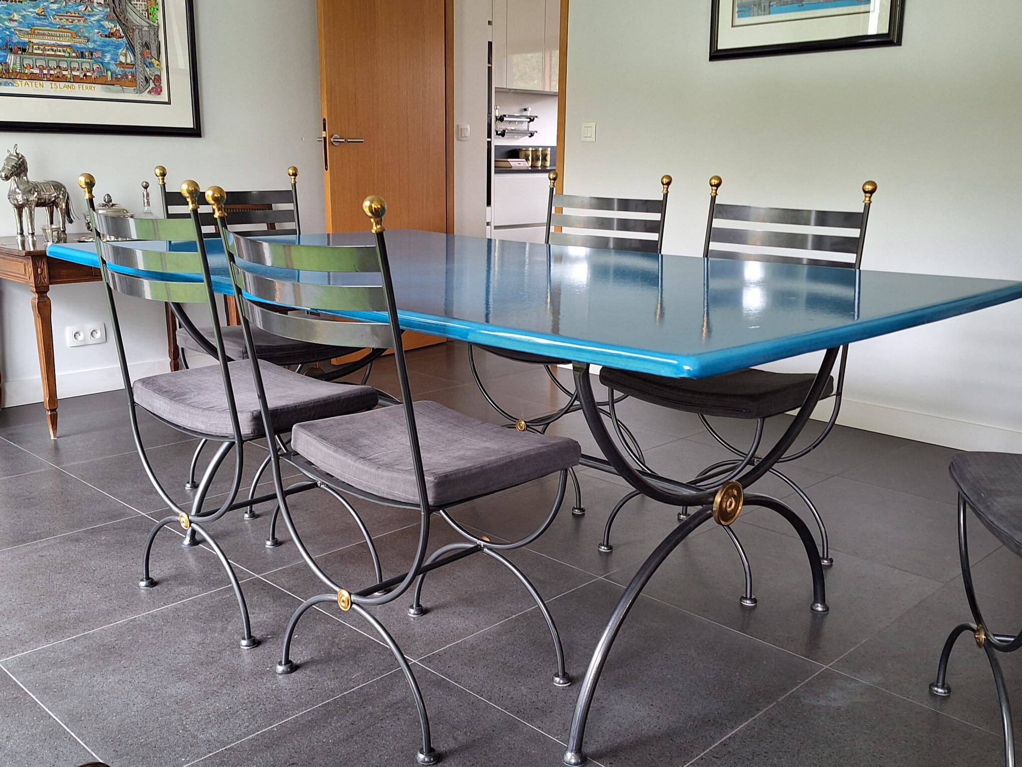 Blue glazed lava stone table and its 6 chairs.