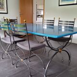 Blue glazed lava stone table and its 6 chairs.