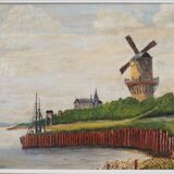 Painting „The Windmill above the Marina”, Scandinavian design, 1970s