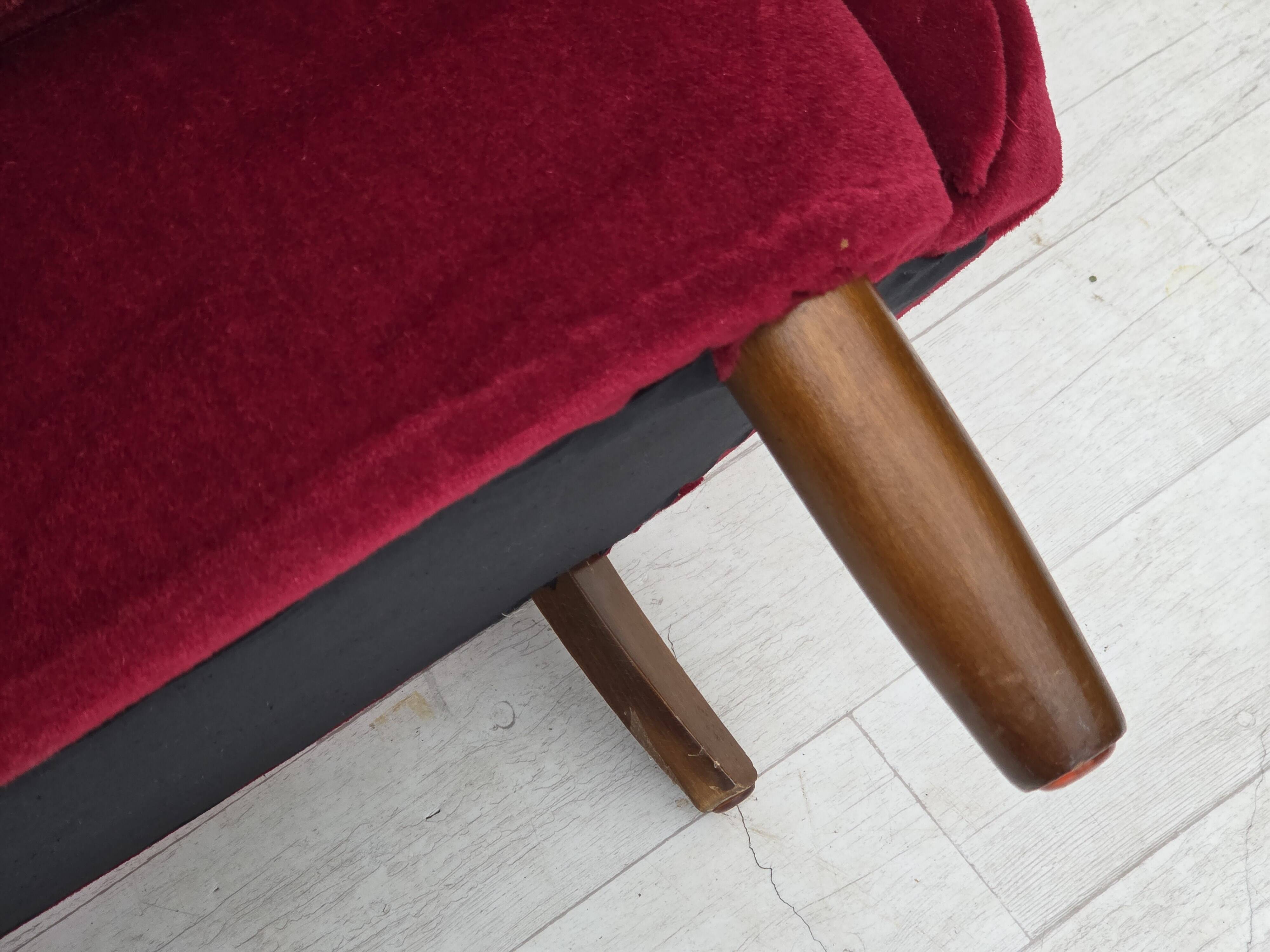 1960s, Danish armchair, cherry-red furniture velour, beech wood legs.