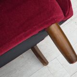 1960s, Danish armchair, cherry-red furniture velour, beech wood legs.