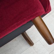 1960s, Danish armchair, cherry-red furniture velour, beech wood legs.