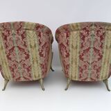 Pair Art Dèco Style French Brass And Fabric Armchairs, 1950s