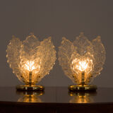 Pair of Italian brass and Murano glass leaf shaped table lamps attr. to Novaresi