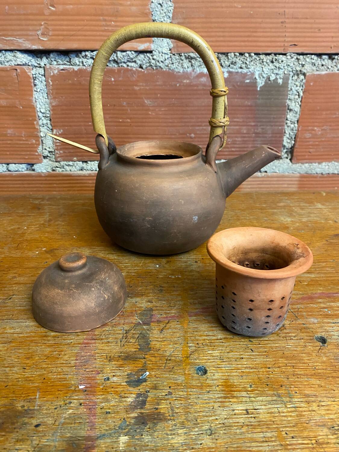 Antique terracotta teapot + bamboo handle, vintage japanese style