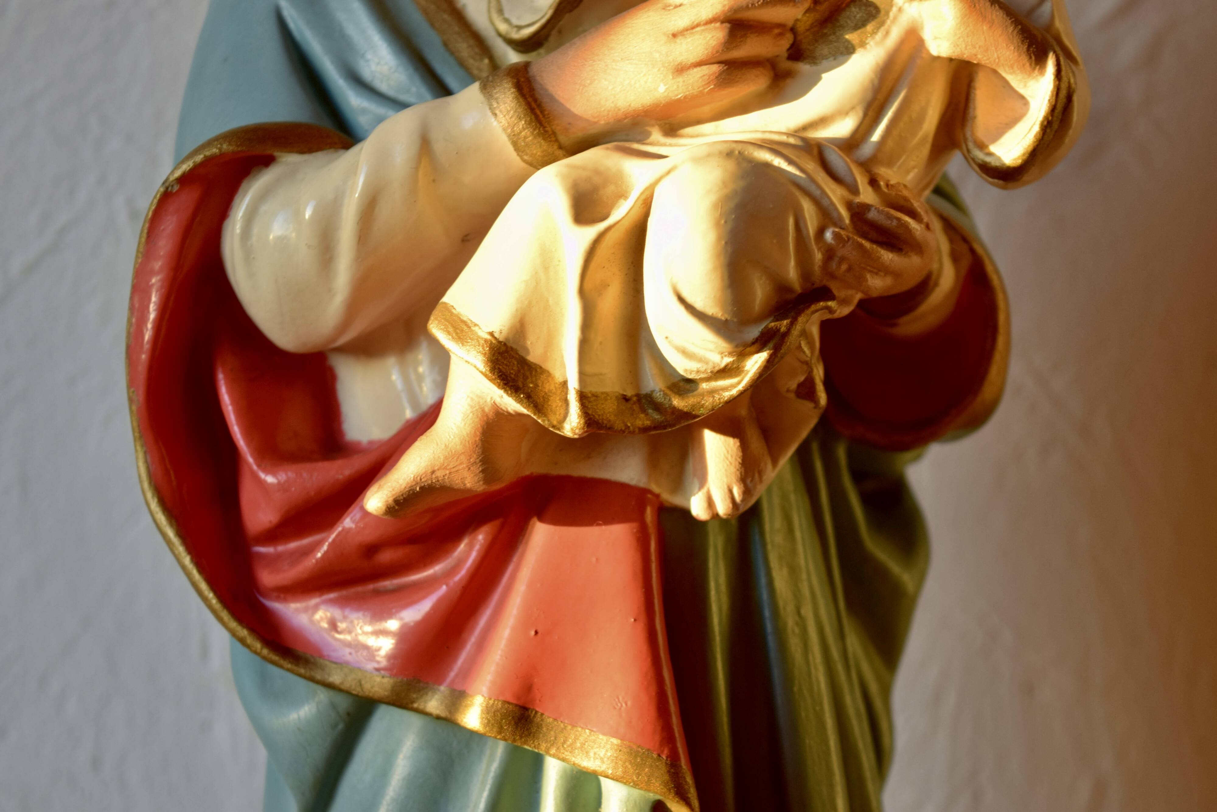 Ancient plaster statue of the Virgin and Child Jesus - hand painted - 54 cm - 1936