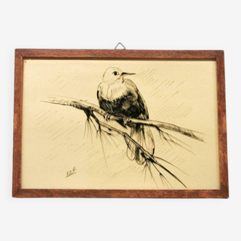 Peinture d'oiseau vintage dans son cadre en bois vitré