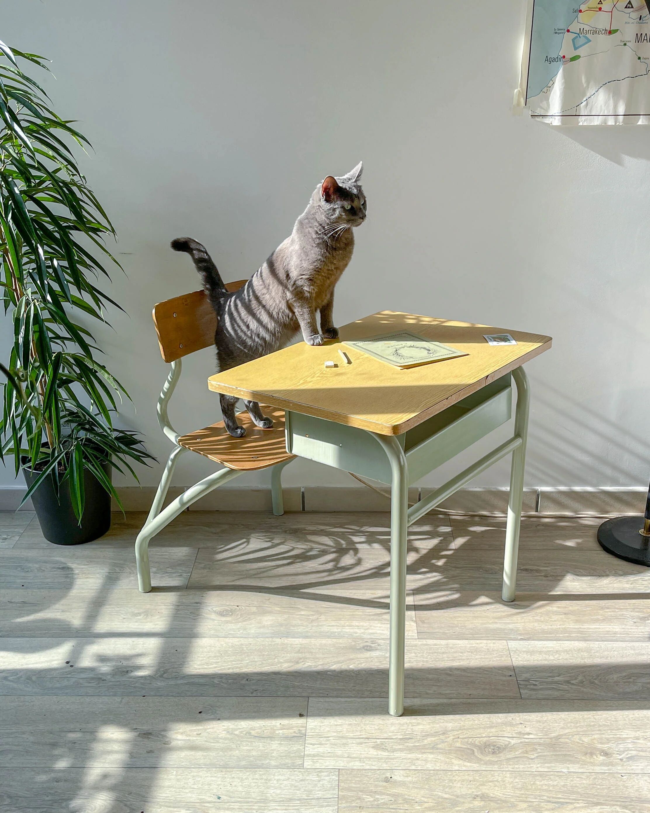 Vintage 1960s school desk – Antique wooden and metal aqua green desk – Retro school furniture – Vintage children's desk