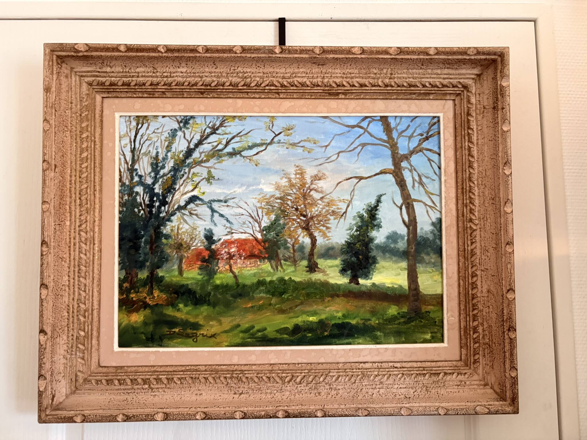 Old painting Oil on canvas Countryside Landscape House Garden Tree N