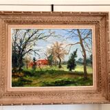 Old painting Oil on canvas Countryside Landscape House Garden Tree N