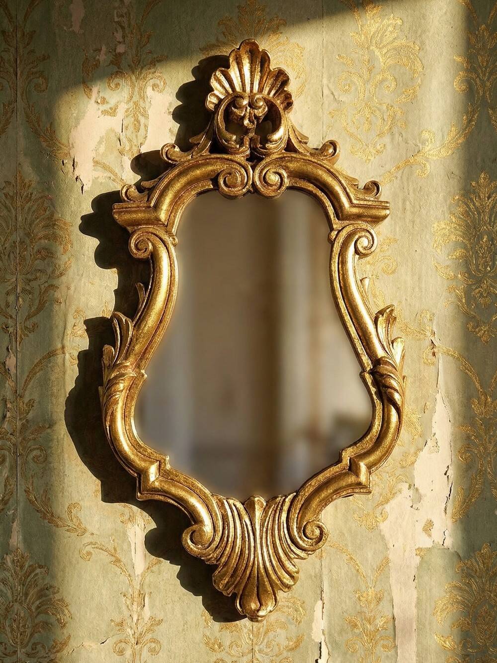 Vintage Rococo wall mirror, gold, Italy, circa 1950-1970, wood and gilded stucco.
