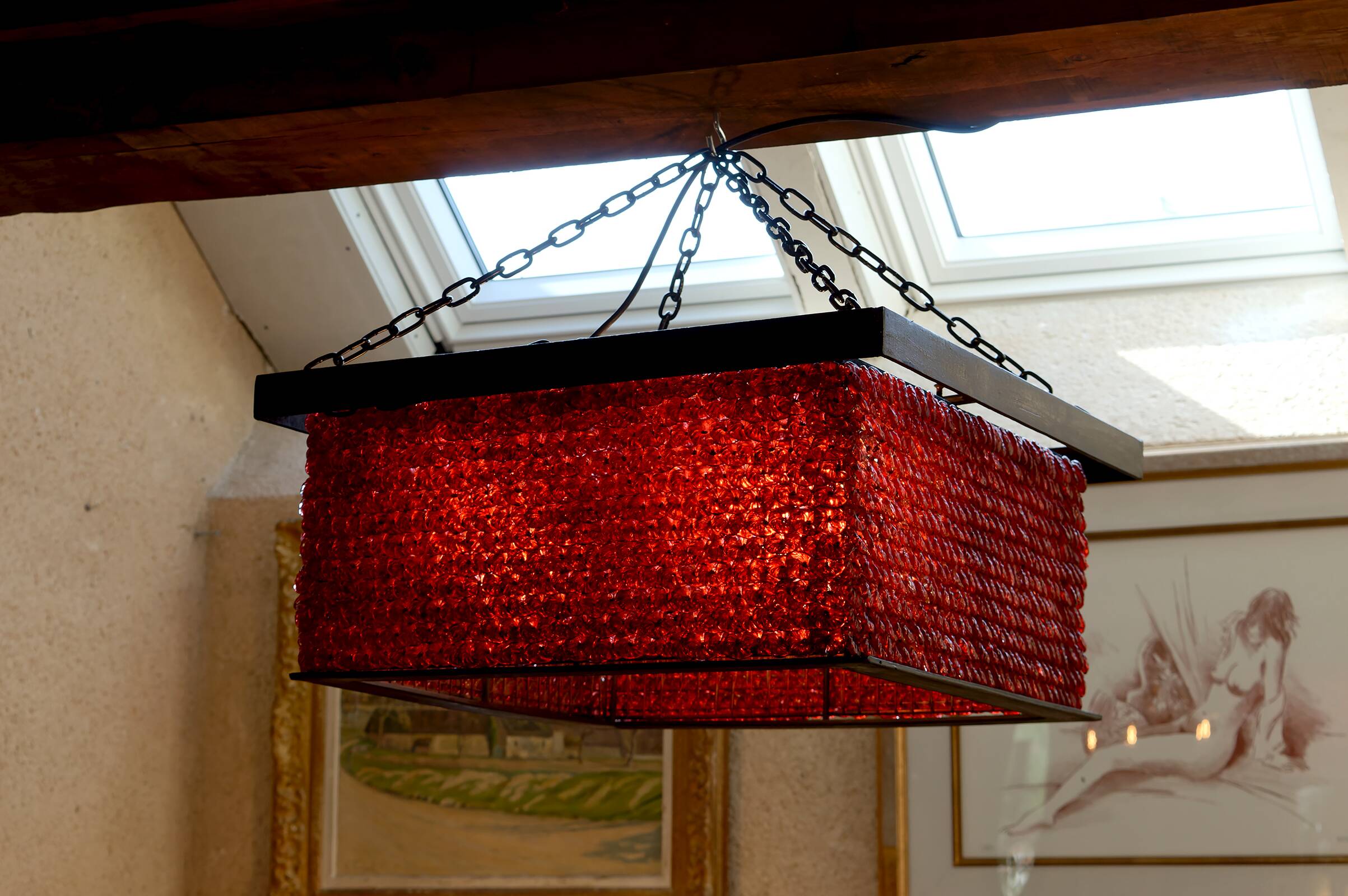 Important Red Glass Bead Chandelier, Murano, Brutalism, c. 1970
