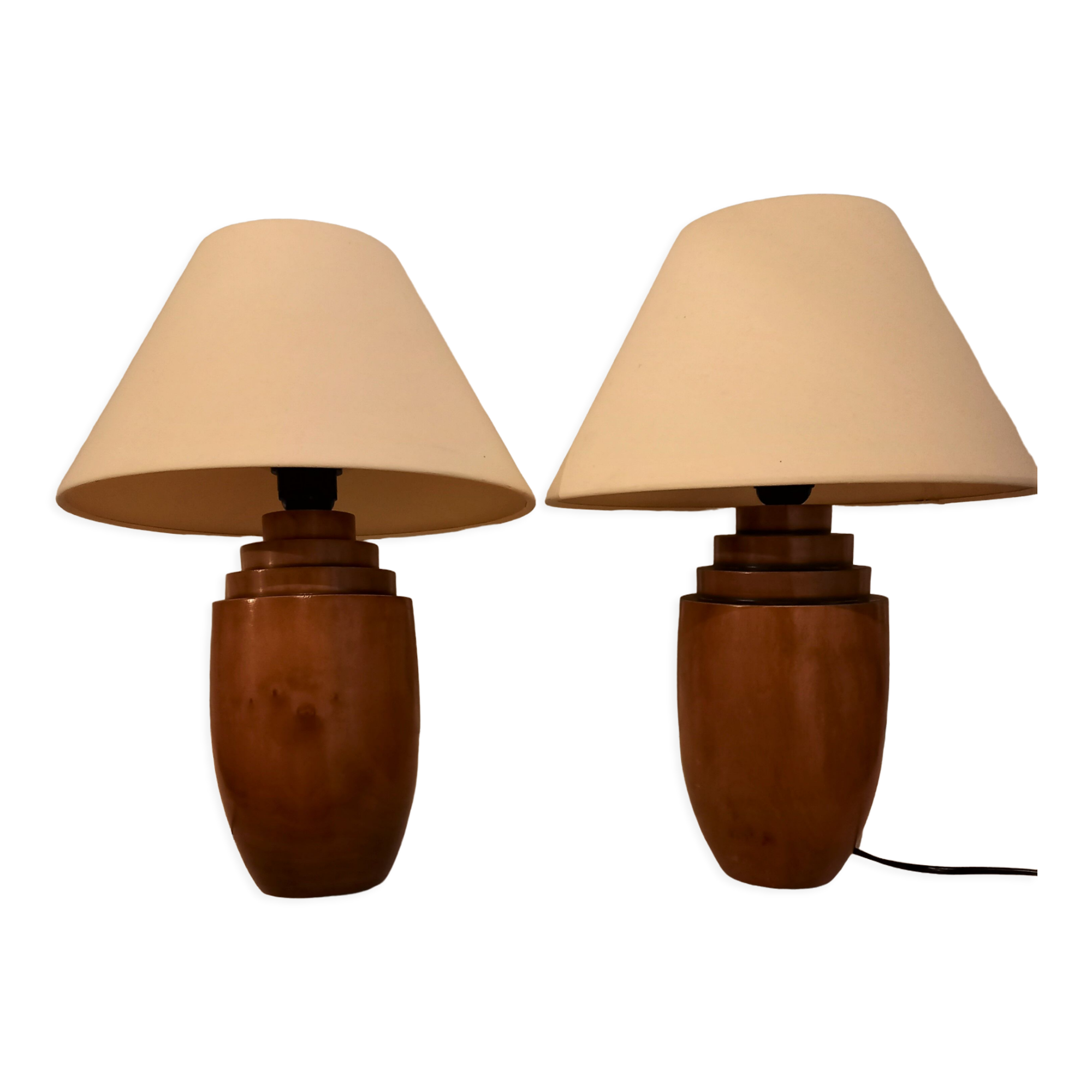 Pair of bedside lamps, varnished wooden foot, art deco spirit, 1980s/1990s
