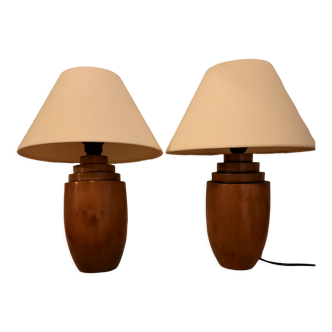 Pair of bedside lamps, varnished wooden foot, art deco spirit, 1980s/1990s