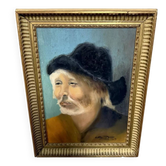Oil painting on canvas portrait of a Chinese man in a black hat.