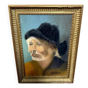 Oil painting on canvas portrait of a Chinese man in a black hat.