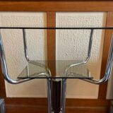 Table d’appoint métal chromé, marbre et verre fumé