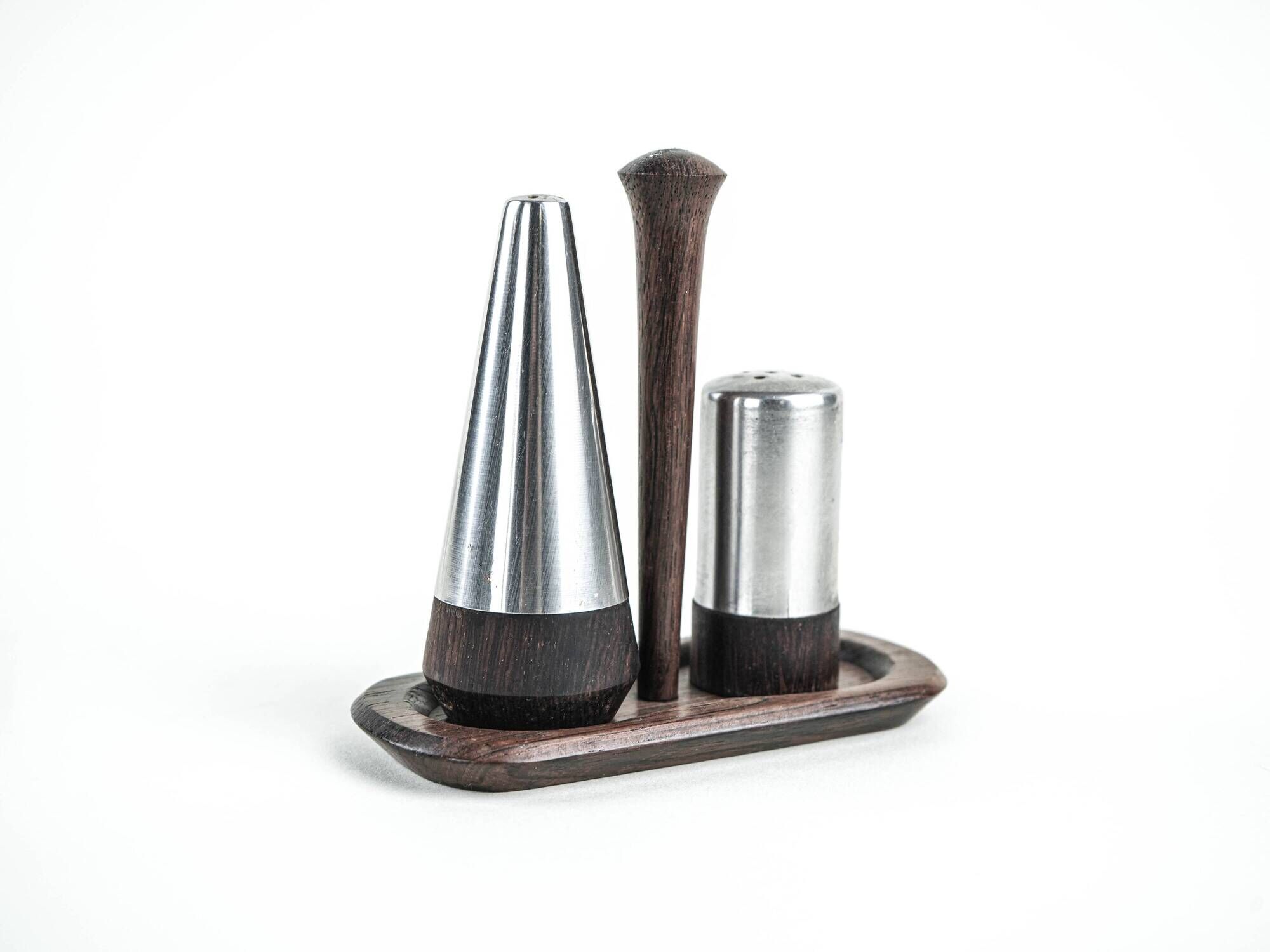Danish salt and pepper set in wood and steel with tray, 1970s