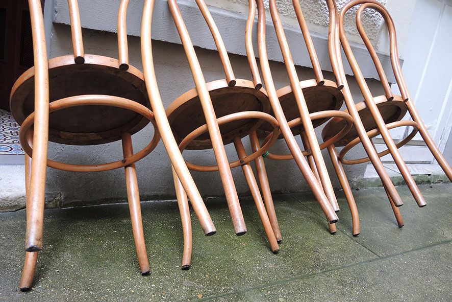 4 old fischel bentwood chairs and pyrograved pattern