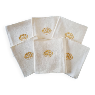6 Serviettes en tissu de coton avec anagramme "GB", jaune clair, broderie damassée.