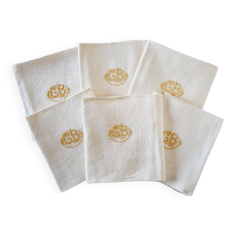 6 Napkins in cotton fabric with anagram "GB", light yellow, damask embroidery.