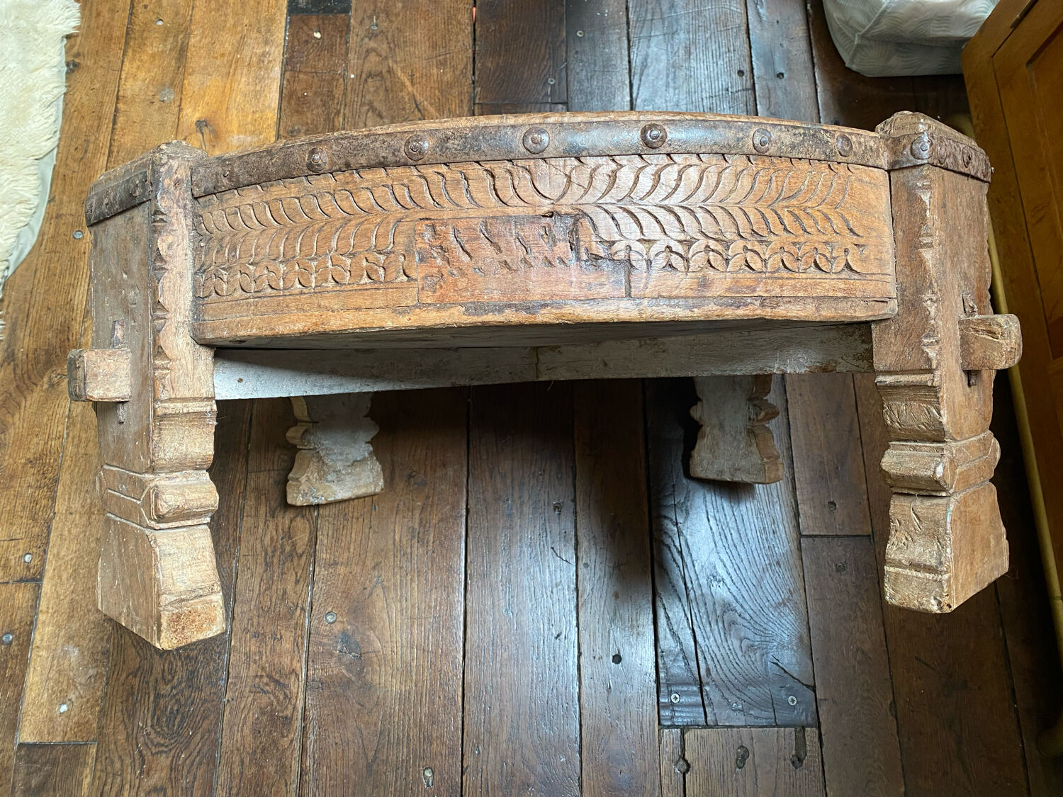 Indian coffee table wooden grinding millstone