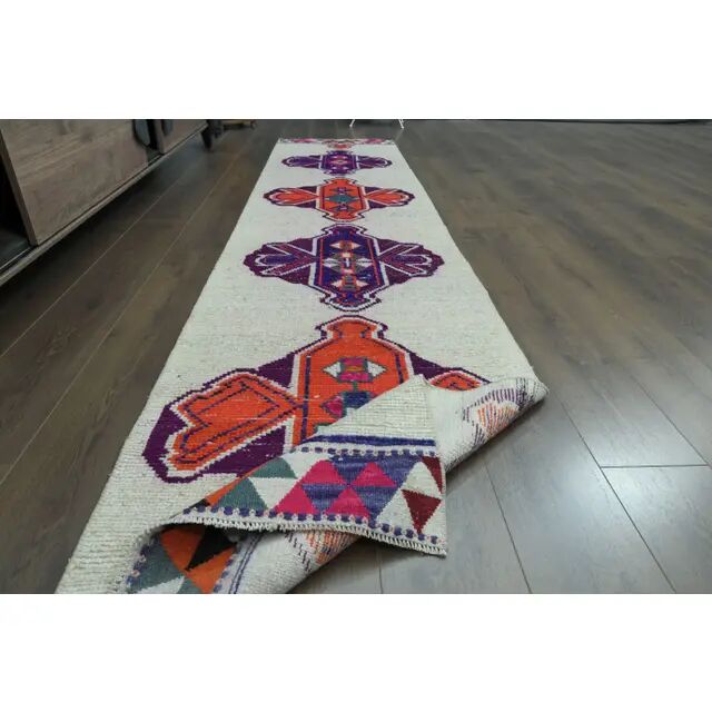 1970s Vintage Turkish Oushak Handmade Wool Cotton White Runner Rug 75x336