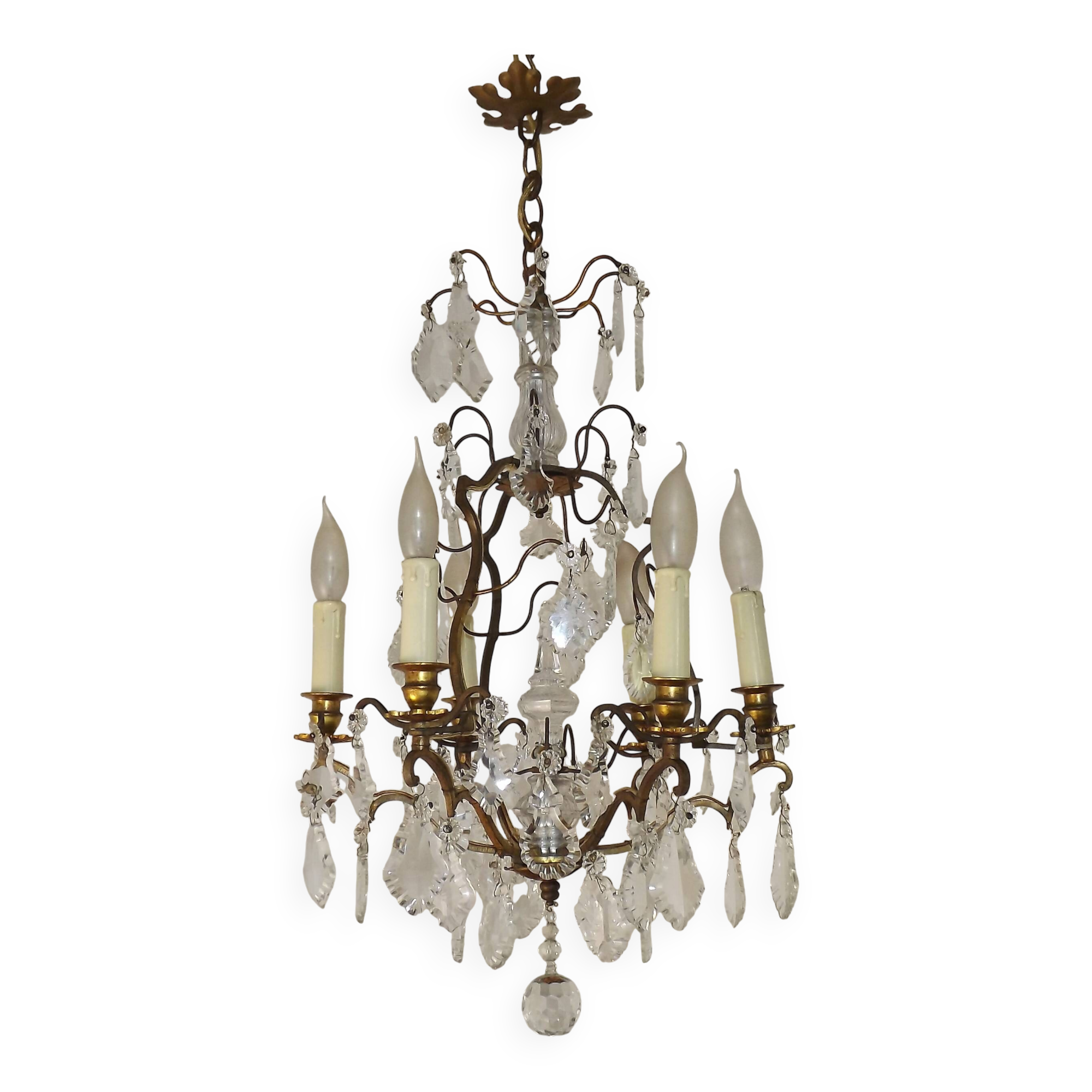 French Bronze and Glass 6 Light Cage Chandelier With Assorted Crystals 5518