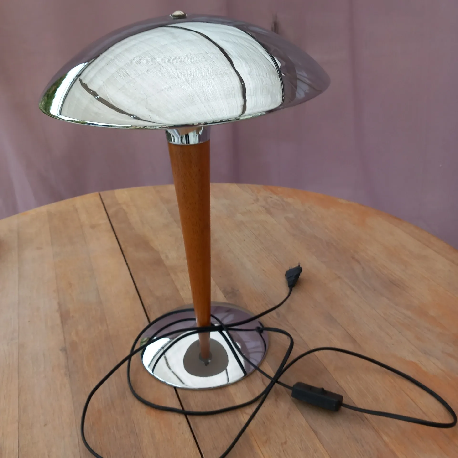 Mid-Century "Mushroom" Table Lamp, Chrome Metal & Teak – Style P