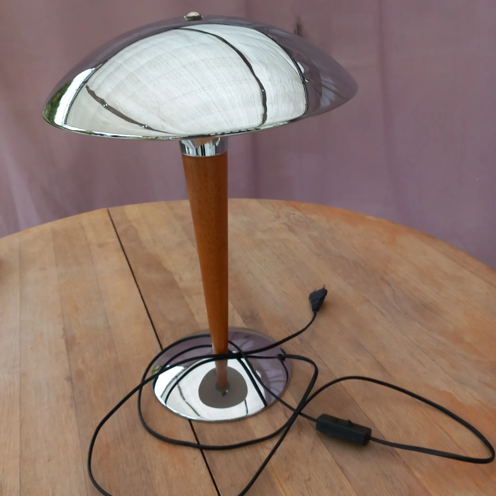 Lampe de table "Champignon" Mid-Century, Métal Chromé & Teck – Style P