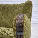 1960s, Danish 3-seater sofa, furniture velour, carved oak wood.