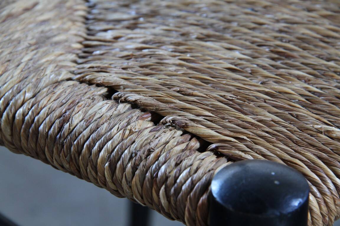 Vintage set of 8 Italian papercord black dining chairs, woven seat, 1950s