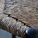 Vintage set of 8 Italian papercord black dining chairs, woven seat, 1950s