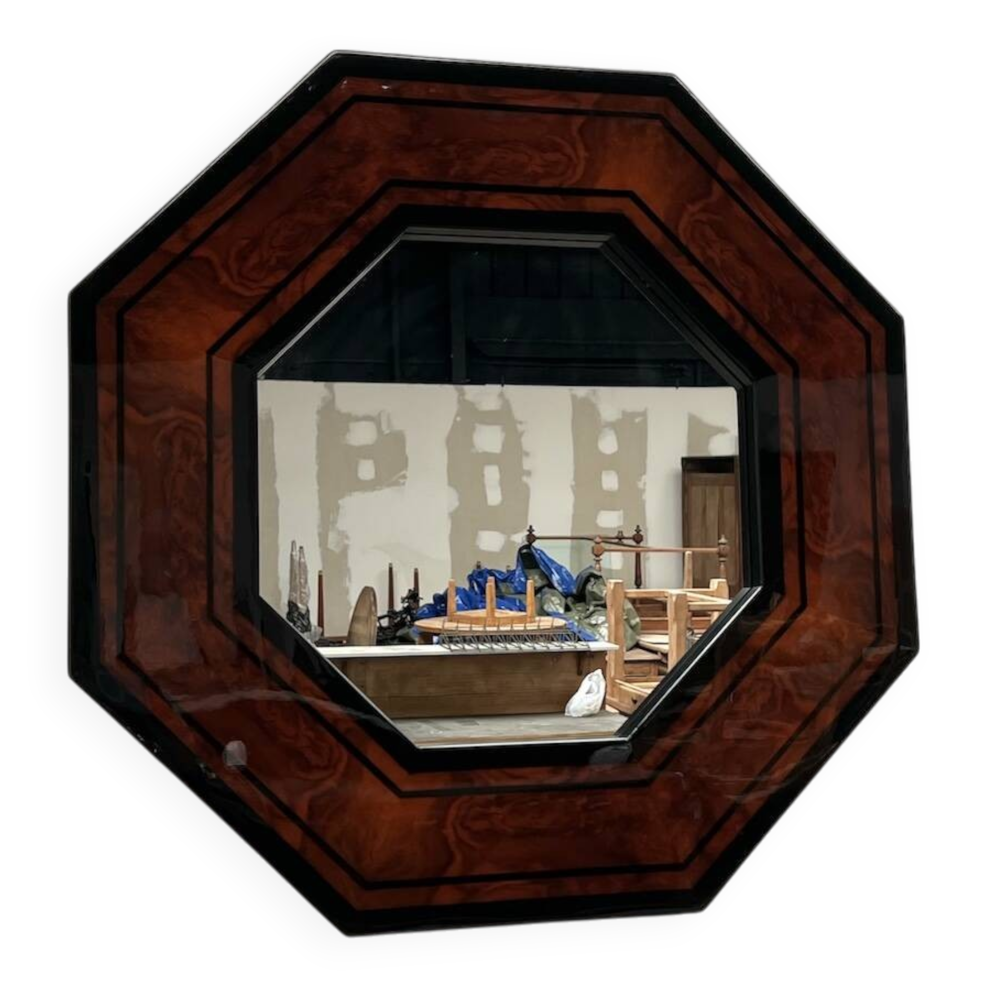 Octagonal wooden mirror by Jean-Claude Mahey