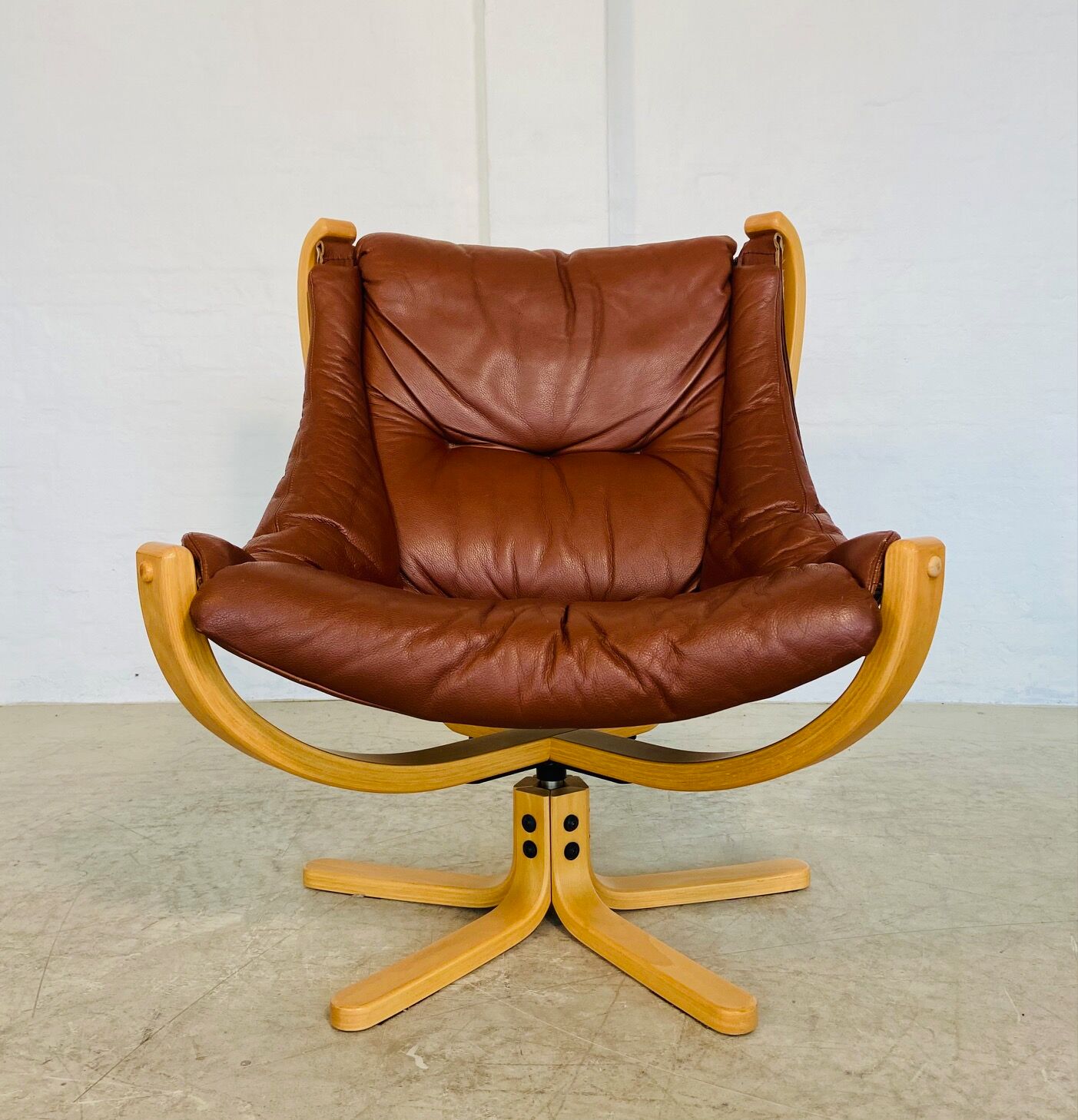 Svend Skippers vintage retro cognac leather swivel chair set 1970s