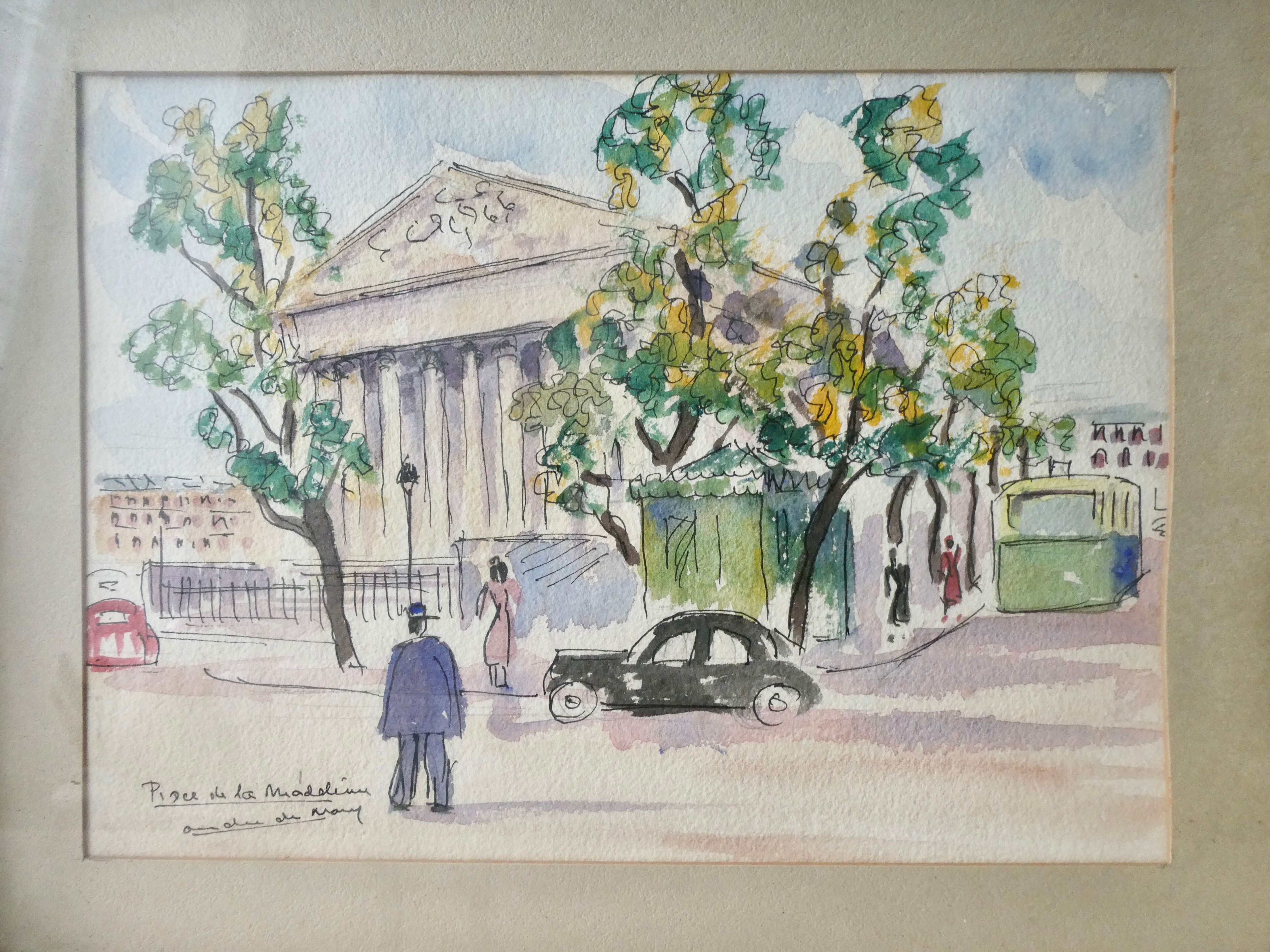 Watercolor painting of the Place de la Madeleine in Paris, 50s