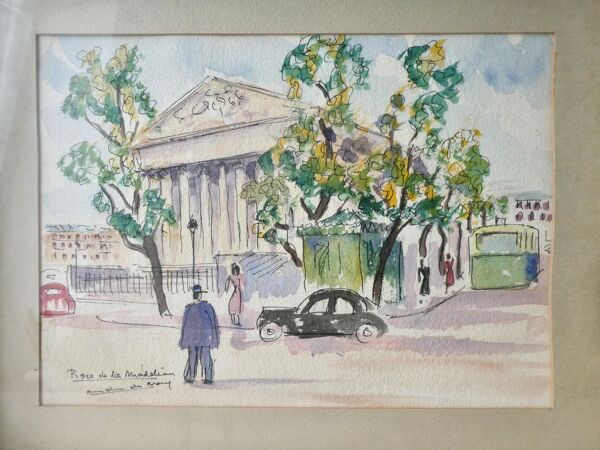 Tableau aquarelle de la place de la Madeleine à Paris, années 50