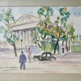 Watercolor painting of the Place de la Madeleine in Paris, 50s